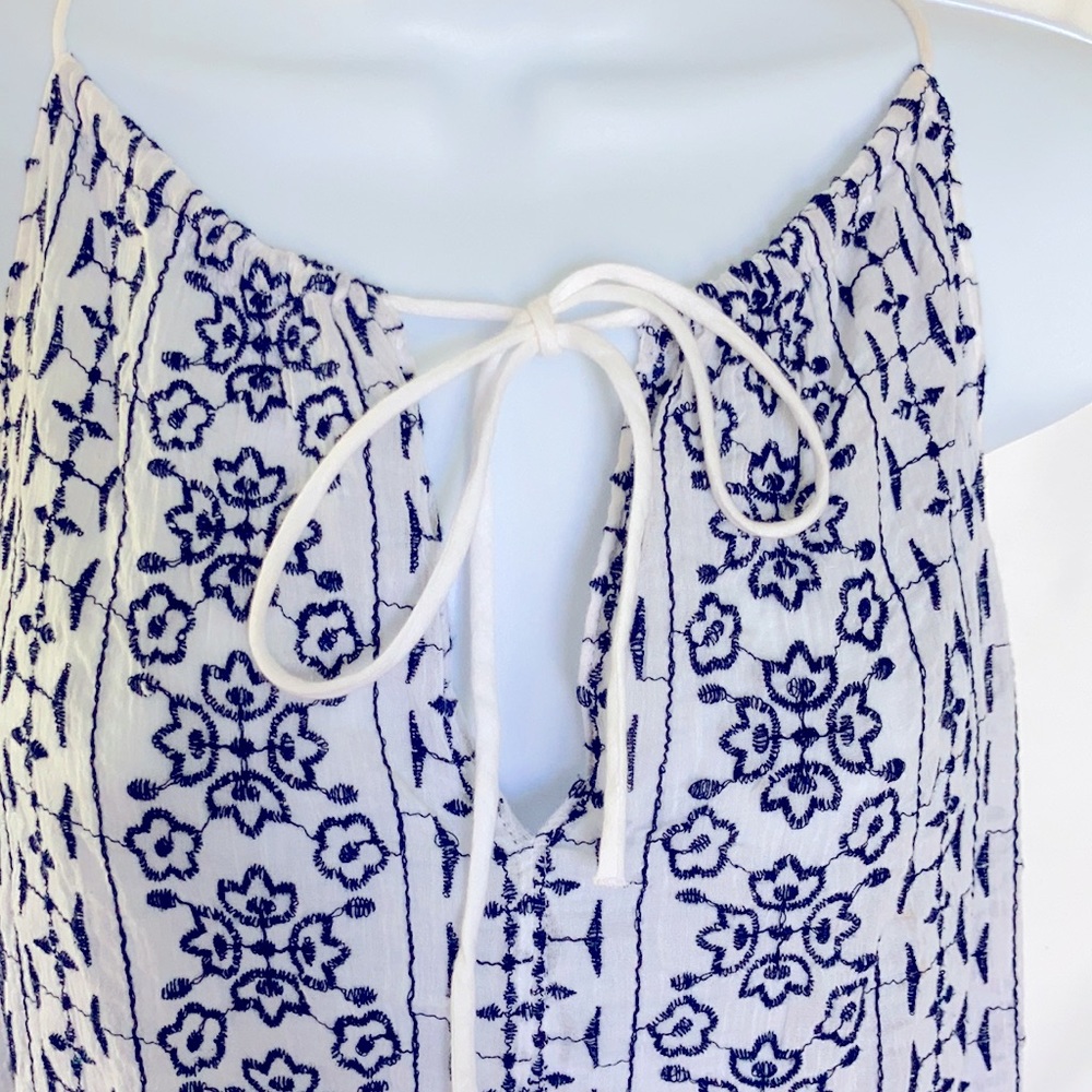 LOFT Navy & White Racerback Embroidered Top Medium Petite